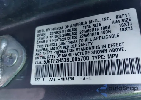 2011 Honda Accord Crosstour Ex-L из США, поврежденный, VIN 5J6TF2H53BL005700